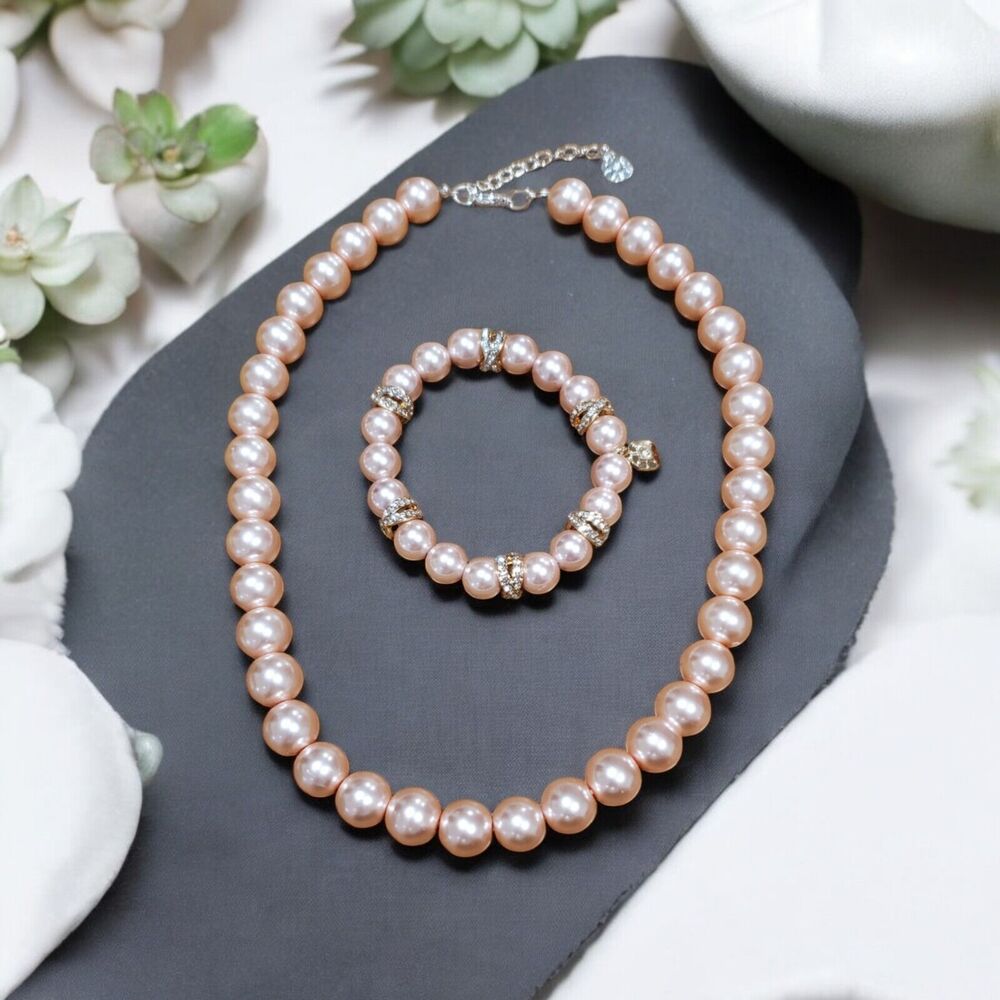 Faux Pink Pearl Necklace Matching Stretch Bracelet Gold Tone Spacer Rhinestone